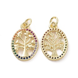Brass Micro Pave Cubic Zirconia Pendants, with Jump Ring, Hollow Oval with Tree Charm, Real 18K Gold Plated, 18.5x12x2mm, Hole: 3.2mm(KK-E068-VF152)