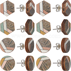 4 Pairs 2 Style Natural Wood Geometry Stud Earrings with Steel Iron Pins, Flat Round & Hexagon, Mixed Color, 14.5~15x12.5~15mm, 2 Pairs/style(EJEW-SC0001-48)