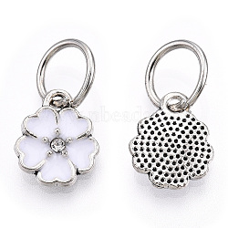 Enamel Style Flower Alloy Rhinestone Charms, with Iron Findings, Antique Silver, White, 13.5x11x3mm, Hole: 6mm(X-ENAM-S085-08)