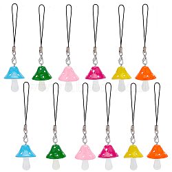 12Pcs Resin Mushroom Phone Charm Decoration Mobile Straps, with Nylon Cord, Mixed Color, 11cm(HJEW-PH01779)