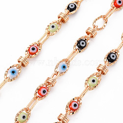 Handmade Brass Chains, with Enamel Acrylic Beads, Soldered, with Spool, Evil Eye, Textured, Real 18K Gold Plated, Colorful, 9x4x1mm and 9x5x5mm, about 16.4 Feet(5m)/roll(CHC-S012-031)