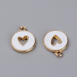 Zinc Alloy Enamel Charms, Flat Round with Hollow Heart, Light Gold, White, 14x12x2mm, Hole: 1.5mm(ENAM-TAC0013-18C)