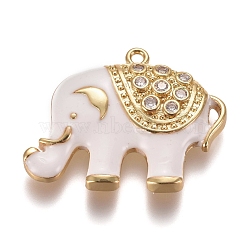 Brass Micro Pave Clear Cubic Zirconia Pendants, with Enamel, Elephant, Golden, 25x31x4mm, Hole: 1.7mm(ZIRC-L075-70A-G)