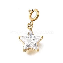 Star 304 Stainless Steel Crystal Rhinestone Pendant Decorations, with Spring Ring Clasps, Ion Plating(IP), Real 18K Gold Plated, 19.5mm, Hole: 2.5mm(STAS-H202-49G)