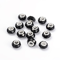 Glass European Beads, Large Hole Beads, Faceted, Black, with Iron Core in Silver Color, about 13mm wide, 10mm long, hole: 5mm(X-GDA001-27)
