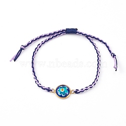 Adjustable Two Tone Nylon Thread Braided Bead Bracelets, with Millefiori Glass Links, Flat Round with Flower, Golden, Lilac, Inner Diameter: 3/4~3-1/8 inch(2~8cm)(BJEW-JB05960-04)