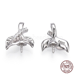 Rhodium Plated 925 Sterling Silver Micro Pave Cubic Zirconia Peg Bails, Leaf Cup Peg Bails, For Half Drilled Beads, Nickel Free, with S925 Stamp, Real Platinum Plated, 12x10x4mm, Hole: 1.8mm, Pin: 0.8mm(STER-T004-33P)