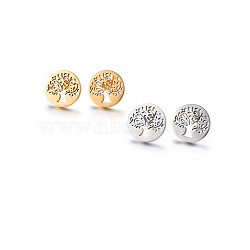 304 Stainless Steel Stud Earrings, Hypoallergenic Earrings, Flat Round with Tree of Life, Mixed Color, 15x1.2mm, Pin: 0.8mm(EJEW-H371-05)