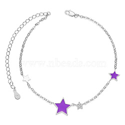 SHEGRACE 925 Sterling Silver Link Anklets, with Grade AAA Cubic Zirconia and Epoxy Resin, Star, Purple, 8-1/4 inch(21cm)(JA56E)