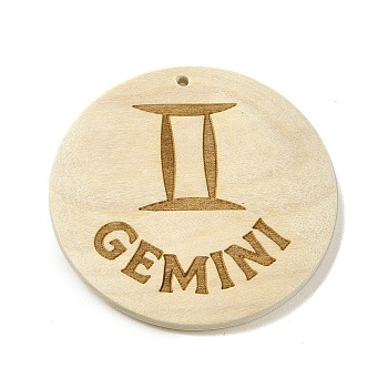 Wood Pendants, Flat Round, Gemini, 40x39x6mm, Hole: 1.6mm