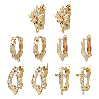 10Pcs 5 Style Brass Micro Pave Cubic Zirconia Hoop Earring Findings, Latch Back, Leaf & Teardrop & Cross, Real 18K Gold Plated, 15~19x11~15x1~3mm, 2Pcs/style