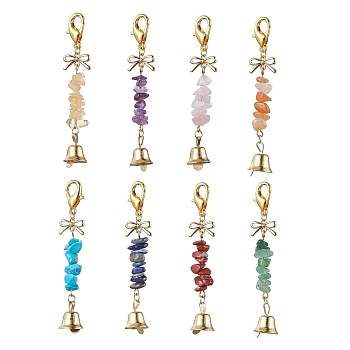 8Pcs 8 Styles Iron Pendant Decorations, with Zinc Alloy Lobster Claw Clasps and Gemstone Beads, Bell, Mixed Color, 68mm, 1pc/style