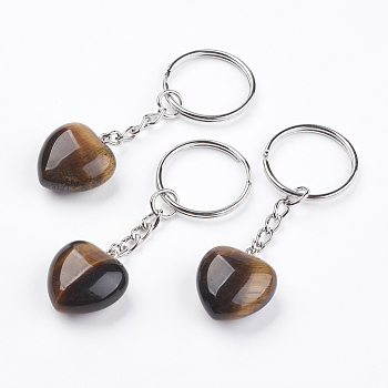 Natural Tiger Eye Keychain, with Platinum Iron Findings, Heart, 72mm