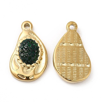 Rhinestone Pendants, with Real 18K Gold Plated 201 Stainless Steel Findings, Twist Teardrop Charms, Jet, 22x13x3.5mm, Hole: 1.4mm