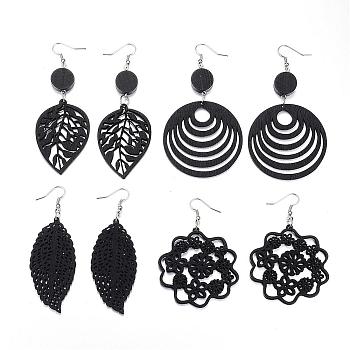 Trendy Wood Dangle Earrings, with Platinum Tone Alloy Earring Hooks, Mixed Shapes, Black, 65~100x28.5~50mm, pin: 0.8mm