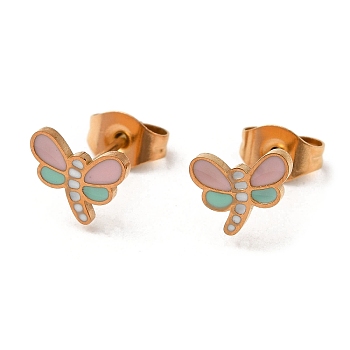 Ion Plating(IP) 304 Stainless Steel Stud Earrings with Colorful Enamel, Dragonfly Shape, Real 18K Gold Plated, 6x8mm