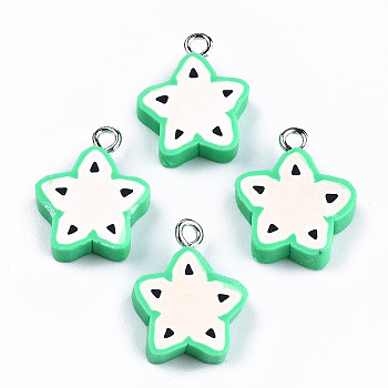 Handmade Polymer Clay Charms, with Platinum Tone Iron Findings, Carambola, Lime Green, 18~19x15.5x5mm, Hole: 2mm