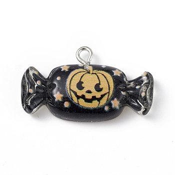 Translucent Resin Pendants, Halloween Candy Charms, with Platinum Tone Iron Loops, Black, 18.5x31x6mm, Hole: 2mm