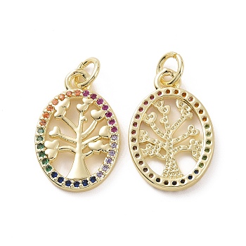 Brass Micro Pave Cubic Zirconia Pendants, with Jump Ring, Hollow Oval with Tree Charm, Real 18K Gold Plated, 18.5x12x2mm, Hole: 3.2mm