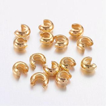 Brass Crimp Beads Covers, Nickel Free, Golden Color, Size: About 4mm In Diameter, Hole: 1.5~1.8mm