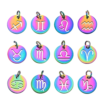 12Pcs 12 Style Rainbow Color Ion Plating(IP) 201 Stainless Steel Charms, with Jump Rings, Flat Round with Constellation/Zodiac Sign, Flat Round, 12x1mm, Jump Ring: 5x0.8mm, Inner Diameter: 3mm, 1pc/style