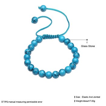 Adjustable Glass Braided Bead Bracelets, Round Ball, Turquoise, Inner Diameter: 3-3/8~2-1/8 inch(5.5~8.5cm)