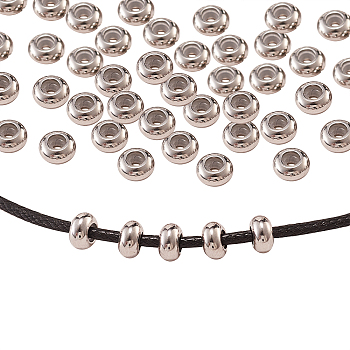 50Pcs 304 Stainless Steel Beads, with Rubber Inside, Slider Beads, Rondelle, Stainless Steel Color, 6x3mm, Hole: 2mm