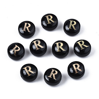 Handmade Lampwork Beads, with Golden Plated Brass Etched Metal Embellishments, Flat Round with Alphabet, Letter.R, 8x5mm, Hole: 0.8mm