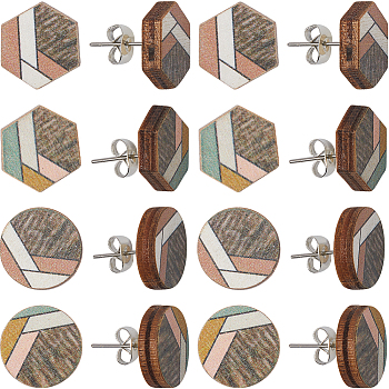 4 Pairs 2 Style Natural Wood Geometry Boho Stud Earrings with Steel Iron Pins, Flat Round & Hexagon, Mixed Color, 14.5~15x12.5~15mm, 2 Pairs/style