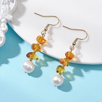 Natural Cultured Freshwater Pearl & Natural Amber Dangle Earrings, Chip, Golden, 47x9mm