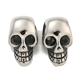 316 Surgical Stainless Steel with Rhinestone European Beads, Large Hole Beads, Skull, Jet, 24x14mm, Hole: 9mm