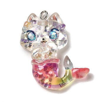 Mermaid Theme Transparent Resin Pendants, Sea Animal Charms with Paillette and Platinum Tone Iron Loops, Colorful, Cat Shape, 31x25.5x7.5mm, Hole: 2mm