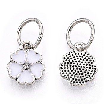 Enamel Style Flower Alloy Rhinestone Charms, with Iron Findings, Antique Silver, White, 13.5x11x3mm, Hole: 6mm