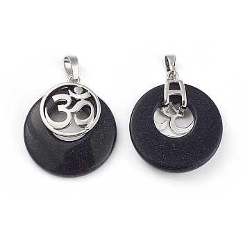 Synthetic Blue Goldstone Pendants, with Platinum Tone Brass Findings, Flat Round with Om Symbol, 32~32.5x28x7~7.5mm, Hole: 5x8mm