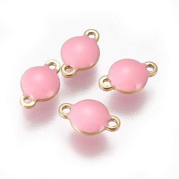 Ion Plating(IP) 304 Stainless Steel Enamel Links connectors, Enamelled Sequins, Flat Round, Golden, Pink, 9.5x6x3.5mm, Hole: 1.2mm