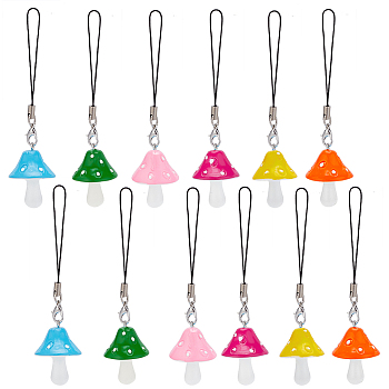 12Pcs Resin Mushroom Phone Charm Decoration Mobile Straps, with Nylon Cord, Mixed Color, 11cm