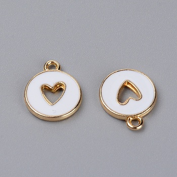 Zinc Alloy Enamel Charms, Flat Round with Hollow Heart, Light Gold, White, 14x12x2mm, Hole: 1.5mm