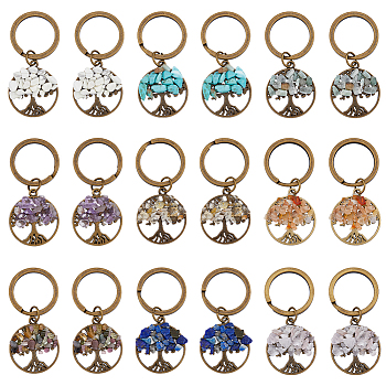 Gemstone Chip Flat Round with Tree of Life Pendant Keychain, with Alloy Split Key Rings, 5.4cm, 9 color, 2pcs/color, 18pcs/set