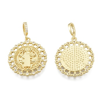 Brass Micro Pave Clear Cubic Zirconia Pendants, Flat Round with Saint Benedict Medal, Real 18K Gold Plated, 25x22x2.5mm, Hole: 3.5x5.5mm