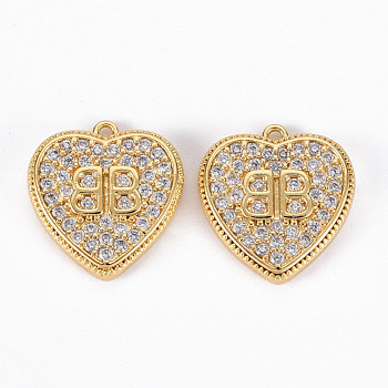 Brass Micro Pave Clear Cubic Zirconia Charms, Heart with Letter B, Real 18K Gold Plated, 14x13.5x2.5mm, Hole: 1mm