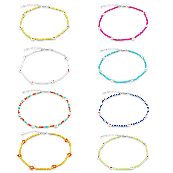 8Pcs 8 Colors Glass Seed Braided Flower Beaded Necklaces Set for Women, Mixed Color, 14.09 inch(35.8cm), 1Pc/color