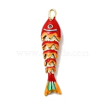 Rack Plating Brass Pendants, with Cubic Zirconia and Enamel, Fish Charms, Long-Lasting Plated, Lead Free & Cadmium Free, Red, 46x10.5x7.5mm, Hole: 4x2.5mm(X-KK-A268-05G-C04)