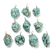 Synthetic Turquoise Dyed Pendants, Nuggets Charms with Rack Plating Platinum Plated Brass Wire Wrapped, Lead Free & Cadmium Free, 36~46x17~30x16~27mm, Hole: 4mm(G-H293-04P)