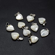 Shell Charms, with Brass Findings, Heart, Platinum, 12~13x9~10x2~4mm, Hole: 2x5mm(X-SSHEL-E564-26P)