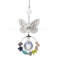 Butterfly Brass & 304 Stainless Steel Hanging Suncatchers, with Glass Pendants and Mixed Gemstone Chip Beads, Stainless Steel Color, 228mm, Hole: 8mm(HJEW-TA00161)
