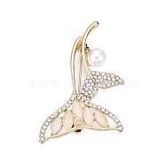 Alloy Crystal Rhinestone & Glass Whale Tail Brooch Pins with ABS Pearl for Clothes Backpack, Light Gold, 32x53.5~55.5x13~14.5mm(JEWB-T005-04KCG)