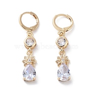 Rack Plating Golden Brass Dangle Leverback Earrings, with Cubic Zirconia for Women, Flower, 42x8mm(EJEW-A030-02A-G)