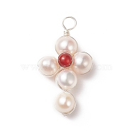 Natural Carnelian Copper Wire Wrapped Pendants, Religion Cross Charms, with Cultured Freshwater Pearl Beads, Silver Color, 31~33x16~17x8~9mm, Hole: 3~3.5mm(PALLOY-JF01962-03)