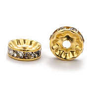 Iron Rhinestone Spacer Beads, Grade A, Straight Edge, Rondelle, Golden Color, Clear, Size: about 10mm in diameter, 4mm thick, hole: 2mm(RB-A010-10MM-G)