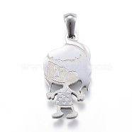 304 Stainless Steel Pendants, Girl, Stainless Steel Color, 26x14x2mm, Hole: 3x6mm(STAS-K162-029P)